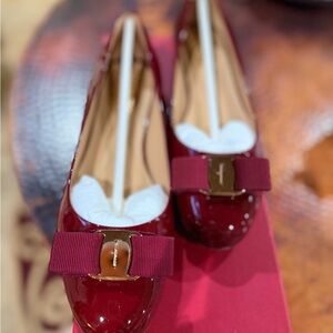 Salvatore Ferragamo Maroon Patent Flats with Bow